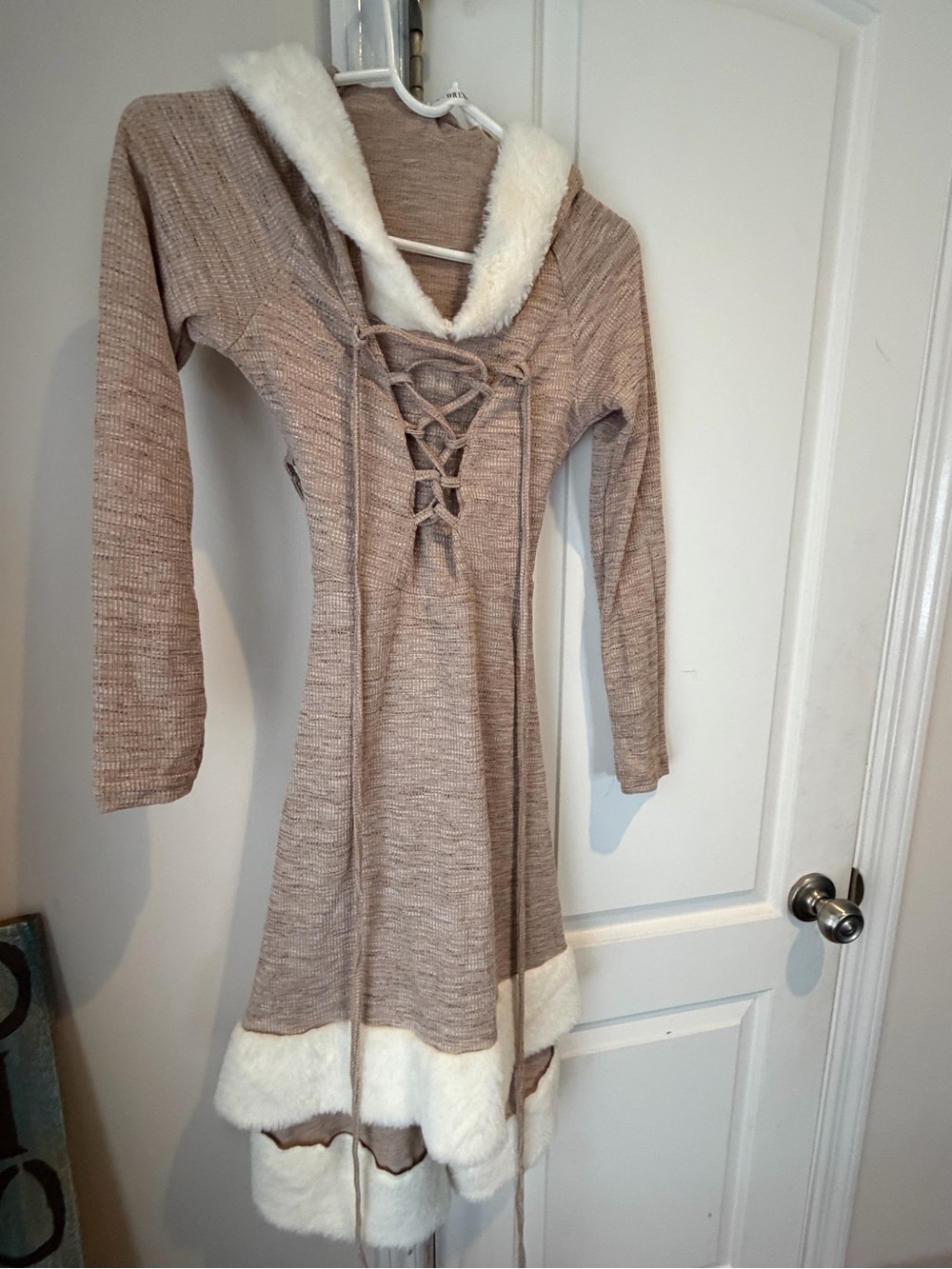 Beige Faux-Fur Trim Long Sleeve Lace-Up Dress